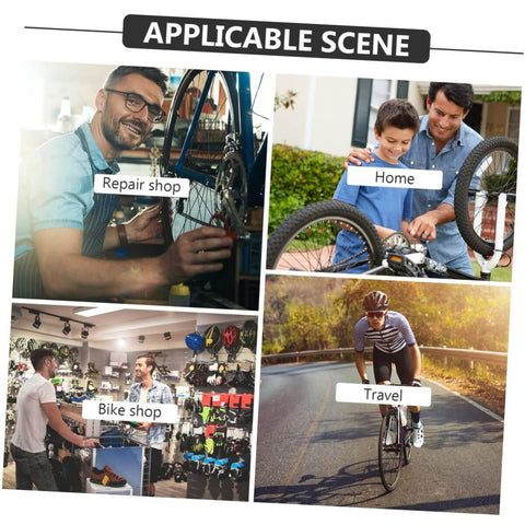 Collage of four biking scenes: repair shop work, father and son fixing bike at home, bike shop interaction, cyclist on road.