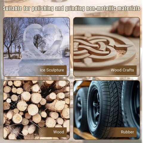 Pro Grade Wood Carving Disc Kit For 4 And 4.5 Inch Angle Grinders With 7/8 Inch Arbor Includes Five Carving Discs and various materials