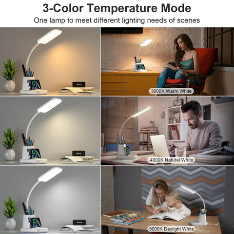 Desk Lamp With Wireless Charger For Home Office, LED Eye Caring Light With 10W Qi Pad, multiple color temperatures in use.