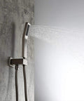 Heavy Duty Brushed Nickel Wall Mount Shower Combo Features A Square Ten Inch Ceiling Rain System And Handheld Spray Unit Crafted From Solid Brass For Knockout Water Pressure On Your Daily Grind, showcasing handheld spray in use.