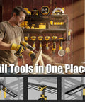 Heavy Duty Power Tool Organizer For Wall Mount Garage Storage With 320 Pounds Capacity Three Tier Iron Wire Rack With Seven Drill Slots And Battery Charging Station Shelf Great Gift For Dad Handyman in use