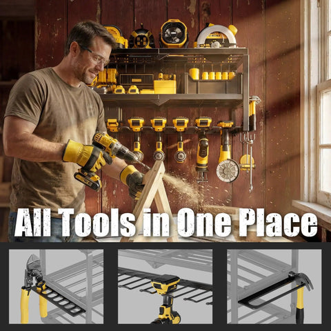 Heavy Duty Power Tool Organizer For Wall Mount Garage Storage With 320 Pounds Capacity Three Tier Iron Wire Rack With Seven Drill Slots And Battery Charging Station Shelf Great Gift For Dad Handyman in use