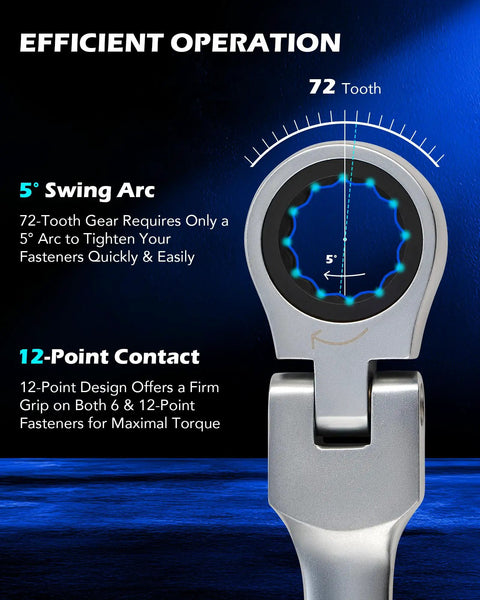Close-up of Six Piece Metric Ratcheting Wrench Set With Flex Heads 8 To 19 mm, highlighting 72 tooth gear and swing arc.
