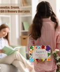 Child holding a decorated frame from a 24 Pack Picture Frame Craft Kit For 4x6 Photos Unfinished Wooden Frames With Diamond And Foam Stickers DIY Paint And Decor Supplies Includes 150 Rainbow Glitter Foam Stickers In Heart And Star Shapes And 2 Sheets Rhinestones