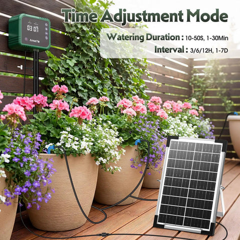 Solar Drip Irrigation System For Gardens And Greenhouses DIY Automatic Drip Kit with solar panel and water timer in garden