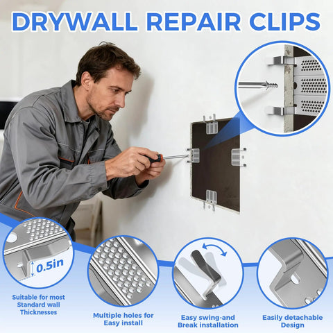 20 Pack Drywall Repair Clips With 40 Stainless Steel Screws Fits Half And Five Eight Inch Panels No Stud Wall Anchor No Sweat Drywall Fix Kit Heavy Duty Fasteners Solid Grip Backing For Broken Sheets Built Different A Quick Win, installed on wall.