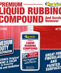 Bottle of Star Brite Liquid Rubbing Compound for medium oxidation restores fiberglass metal and painted surfaces.