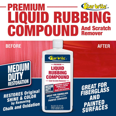 Bottle of Star Brite Liquid Rubbing Compound for medium oxidation restores fiberglass metal and painted surfaces.