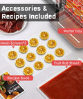 Boss Level 12-Tray Stainless Steel Food Dehydrator With Dishwasher Safe Trays And 800W Digital Panel showing accessories like mesh screens, fruit roll sheet, and recipe book.