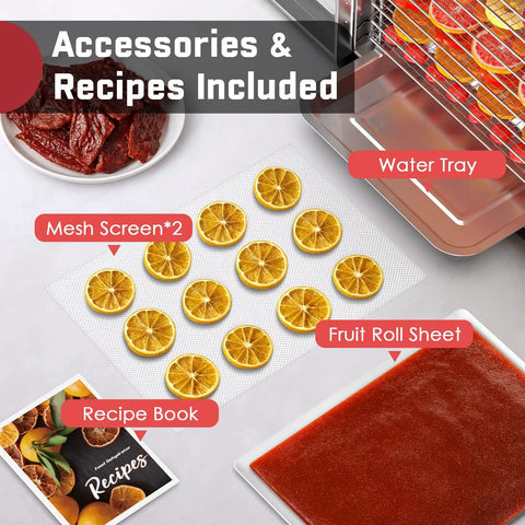 Boss Level 12-Tray Stainless Steel Food Dehydrator With Dishwasher Safe Trays And 800W Digital Panel showing accessories like mesh screens, fruit roll sheet, and recipe book.