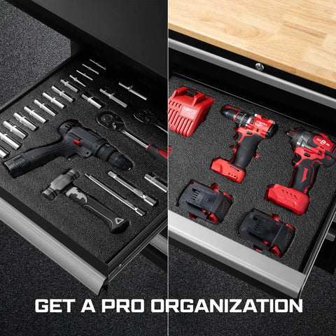 Drawer with organized tools and socket sets using Precision Foam Cutting Kit For Custom Shadow Foam Organizers With Heavy Duty Utility Blades.