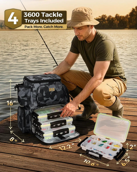 Man organizing 3600 tackle boxes inside All Day Angler Fishing Backpack With Four Tackle Boxes And Rod Holders on dockside.