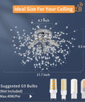 4 Light Crystal Sputnik Ceiling Fixture Chrome Finish Semi Flush Mount showing dimensions, suitable G9 LED bulbs not included