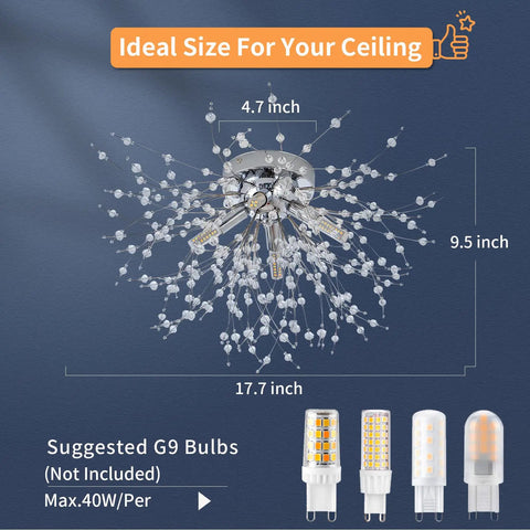 4 Light Crystal Sputnik Ceiling Fixture Chrome Finish Semi Flush Mount showing dimensions, suitable G9 LED bulbs not included