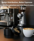Premium Wdt Tool For Espresso Coffee Distribution Featuring Ten Stainless Steel Needles And Triple Gear Spinner With Twenty Four Strong Magnets For Hella Smooth Channel Free Shots In Sleek Cnc Aluminum Build next to a latte.