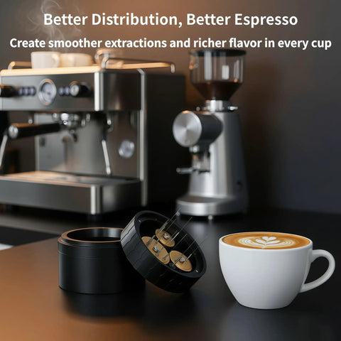 Premium Wdt Tool For Espresso Coffee Distribution Featuring Ten Stainless Steel Needles And Triple Gear Spinner With Twenty Four Strong Magnets For Hella Smooth Channel Free Shots In Sleek Cnc Aluminum Build next to a latte.