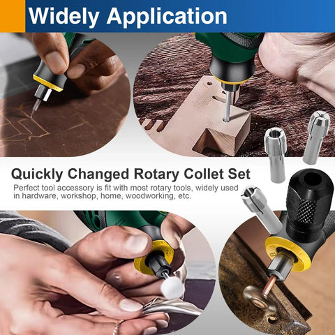 Four Piece Rotary Tool Collet Set With Clamping Nut in use on various projects, showing compatibility with Dremel and most rotary tools.
