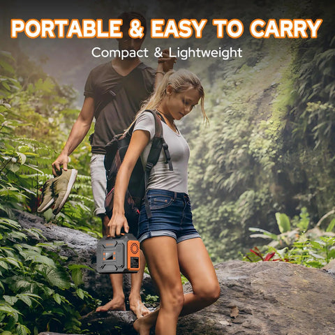 Hikers carrying Power Station 300W Solar Generator 280Wh Portable Outdoor Power Bank with 110V AC Outlets in forest