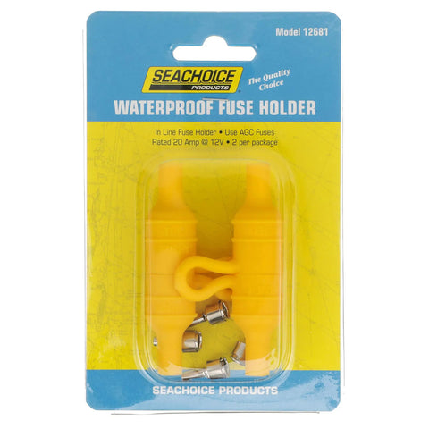 Boss Level Waterproof In Line Fuse Holder For Marine Rigs 20 Amp AGC Compatible in yellow packaging with fuses visible.