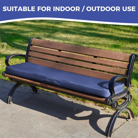 All Weather Outdoor Bench Cushion 48x18x3 Inch Navy Blue Waterproof Seat Pad on wooden bench with metal arms