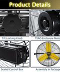 24 Inch Heavy Duty Industrial Wall Mounted Fan With TEAO Enclosed Motor, permanent lubricated ball bearing, safety yellow blade details.