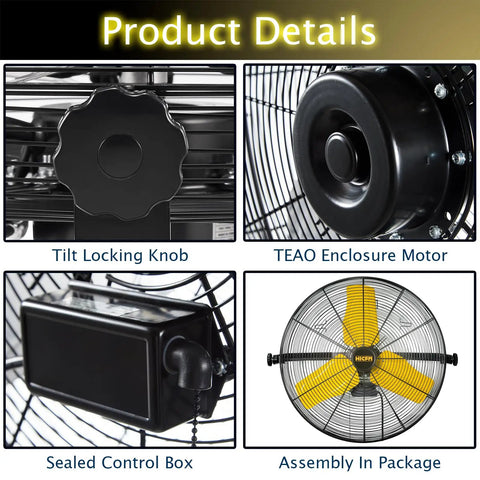 24 Inch Heavy Duty Industrial Wall Mounted Fan With TEAO Enclosed Motor, permanent lubricated ball bearing, safety yellow blade details.