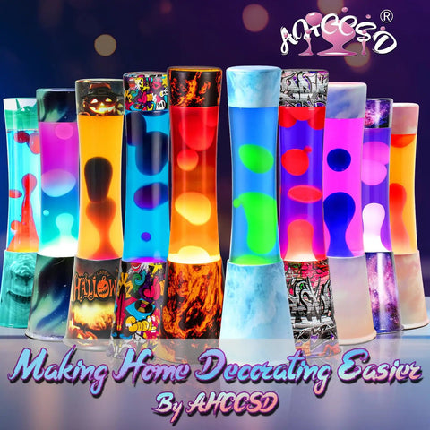 14 colorful magma lamps, including 16 Inch Magma Lamp Liquid Motion Galaxy Design with Colormax White Wax in Purple Liquid Decal Base.