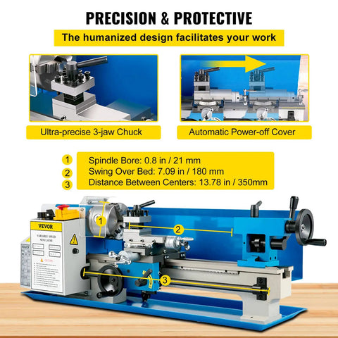 Rock Solid Compact Metal Lathe Seven By Fourteen Inch Bed with Ultra-precise 3-jaw Chuck and Automatic Power-off Cover.