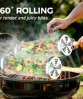 Two Piece Rolling Grill Basket With Removable Wood Handles, 304 Stainless Steel Mesh in use on BBQ with vegetables