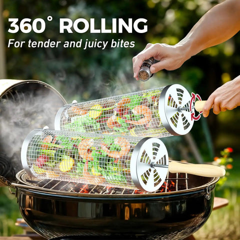 Two Piece Rolling Grill Basket With Removable Wood Handles, 304 Stainless Steel Mesh in use on BBQ with vegetables