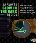 Close-up of Propane Tank Gauge Level Indicator And Gas Pressure Meter with glow-in-the-dark dial on solid brass, universal fit