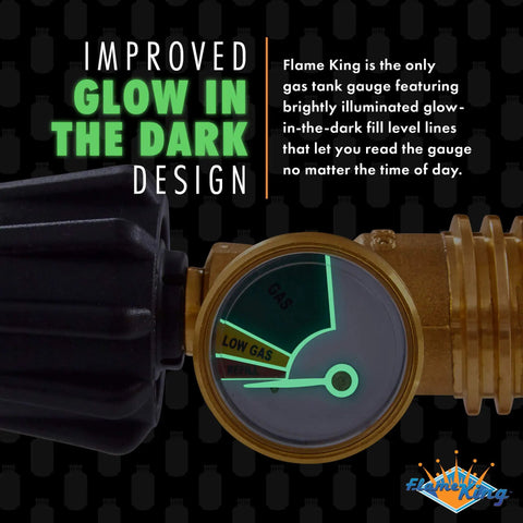 Glow-in-dark gas pressure meter with brass connector, showing low gas level. Propane Tank Gauge Level Indicator Leak Detector Gas Pressure Meter Color Coded Glow In The Dark Universal For Cylinder BBQ Grill RV Camper Heater And More Appliances.