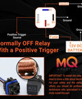Schematic diagram of Two Pack 4 Pin 40 30 Amp 12V DC Waterproof Relay Kit with wire illustration and voltage information.