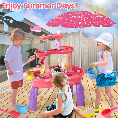 Kids playing with Three Tier Auto Water Absorbing Water Table For Toddlers Aged 3 To 5 Tot Friendly With Pump And Adjustable Umbrella