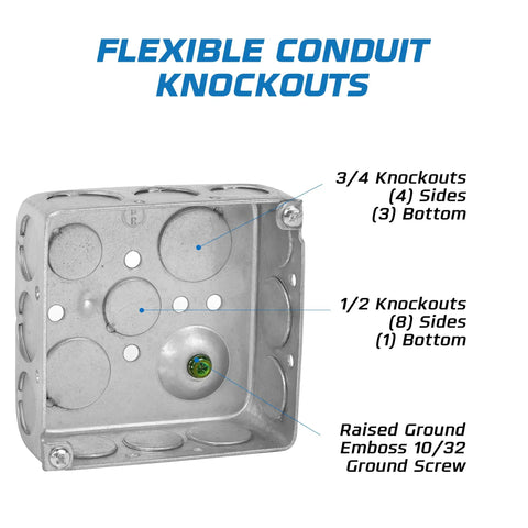 Heavy-Duty 4 By 4 Inch Electrical Junction Boxes With Covers Pack Of 10, 3/4 and 1/2 inch flexible conduit knockouts, steel.