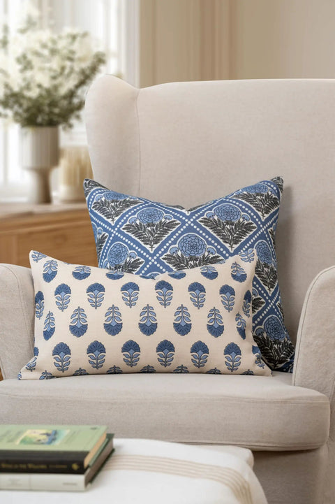 Azure Blue Hydrangea Block Print Throw Pillow Cover 20x20 Indoor Outdoor Water Repellent For Patio Backyard And Couch With Invisible Zipper And Linen Blend Cozy Vibe Finish on beige chair