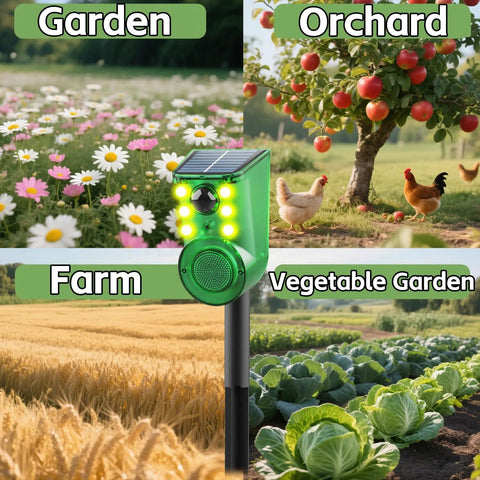 Solar Outdoor Motion Sensor Alarm With Ultrasonic Detection 129dB Siren Strobe Light For Home Villa Yard Farm Barn Chicken Coop 5 Adjustable Modes Day And Night Security System, green solar unit on pole for garden and farm