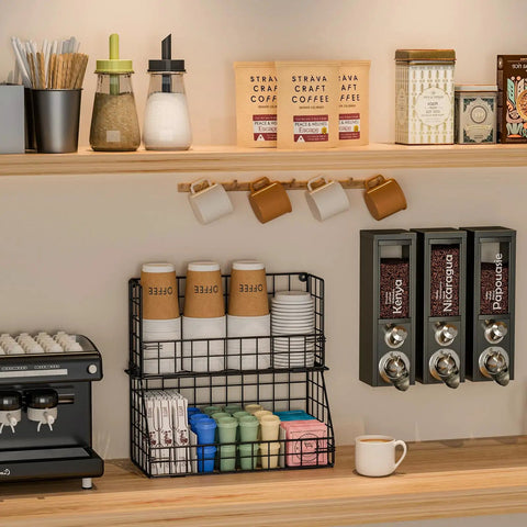 2 Tier Wall Mounted Coffee Organizer Stackable Condiment And Lid Dispenser With Dividers for breakrooms and countertops