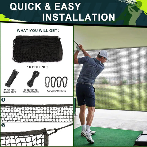 Heavy Duty Golf Practice Net 10x15 Ft For Garage And Backyard Driving Range installation and components shown