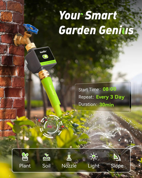 WiFi Hose Timer With Brass Inlet And Outlet No Fuss Setup Smart Sprinkler Controller attached to garden faucet