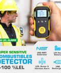 Handheld Combustible Gas Detector 0 To 100 Percent LEL NIST Calibrated USB Rechargeable Factory Calibration Adjustable Audio Visual And Vibration Alarms Temperature Battery And Time Tracking For Pro Grade Field Pros. worker holding detector