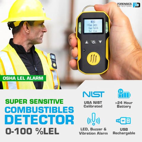 Handheld Combustible Gas Detector 0 To 100 Percent LEL NIST Calibrated USB Rechargeable Factory Calibration Adjustable Audio Visual And Vibration Alarms Temperature Battery And Time Tracking For Pro Grade Field Pros. worker holding detector