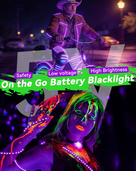 16.4Ft Black Light Strip Kit With USB Plug And Battery Box Two 8.2Ft Strips 300LEDs used on cyclist and painted dancer at night