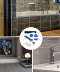 3 In 1 Silicone Caulking Tool Kit With Stainless Steel Head Pro Grade shown near bathroom, kitchen sink, and tiled wall.