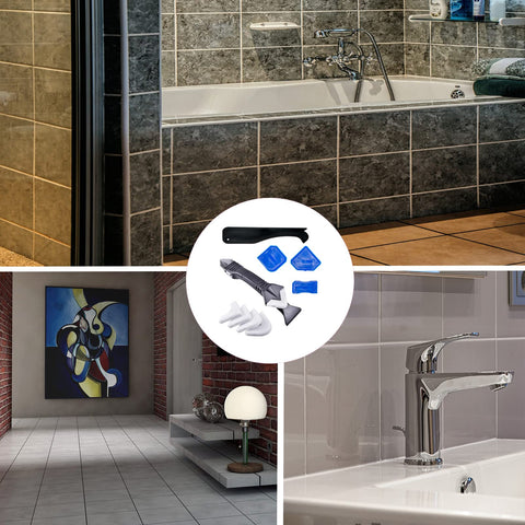 3 In 1 Silicone Caulking Tool Kit With Stainless Steel Head Pro Grade shown near bathroom, kitchen sink, and tiled wall.