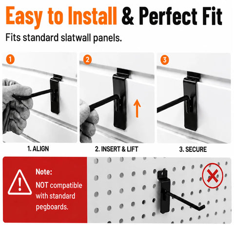 80 Pack Slatwall Hooks Set With 4 6 8 10 Inch Heavy Duty 0.24 Inch Thick Black Slatwall Accessories installation steps