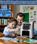 Father and son using Talking ATM Piggy Bank For Kids With Dual Debit Cards, Auto Opening Drawer, Kid Friendly Finance Gadget