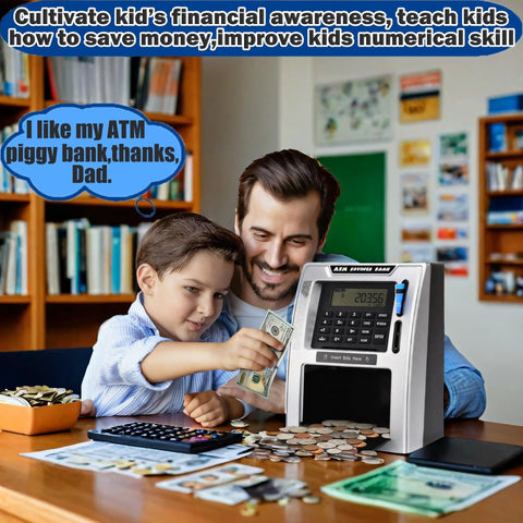 Father and son using Talking ATM Piggy Bank For Kids With Dual Debit Cards, Auto Opening Drawer, Kid Friendly Finance Gadget