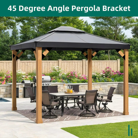 Gazebo featuring Eight Piece 45 Degree Pergola Bracket Set For 2x4 Lumber Heavy Duty Angle Supports With Drainage Holes great for outdoor use.