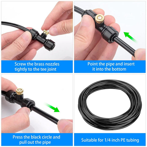 Instructions for assembling 20 Pack Brass Misting Nozzles, 20 Pack Misting Nozzle Tees, And 2 End Plugs For Outdoor Patio Cooling System Bundle.